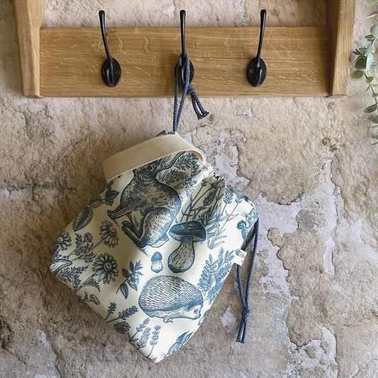 Medium sized knitting project bag in a beautiful fabric featuring woodland animals. Handmade in Somerset by Eldenwood Craft.