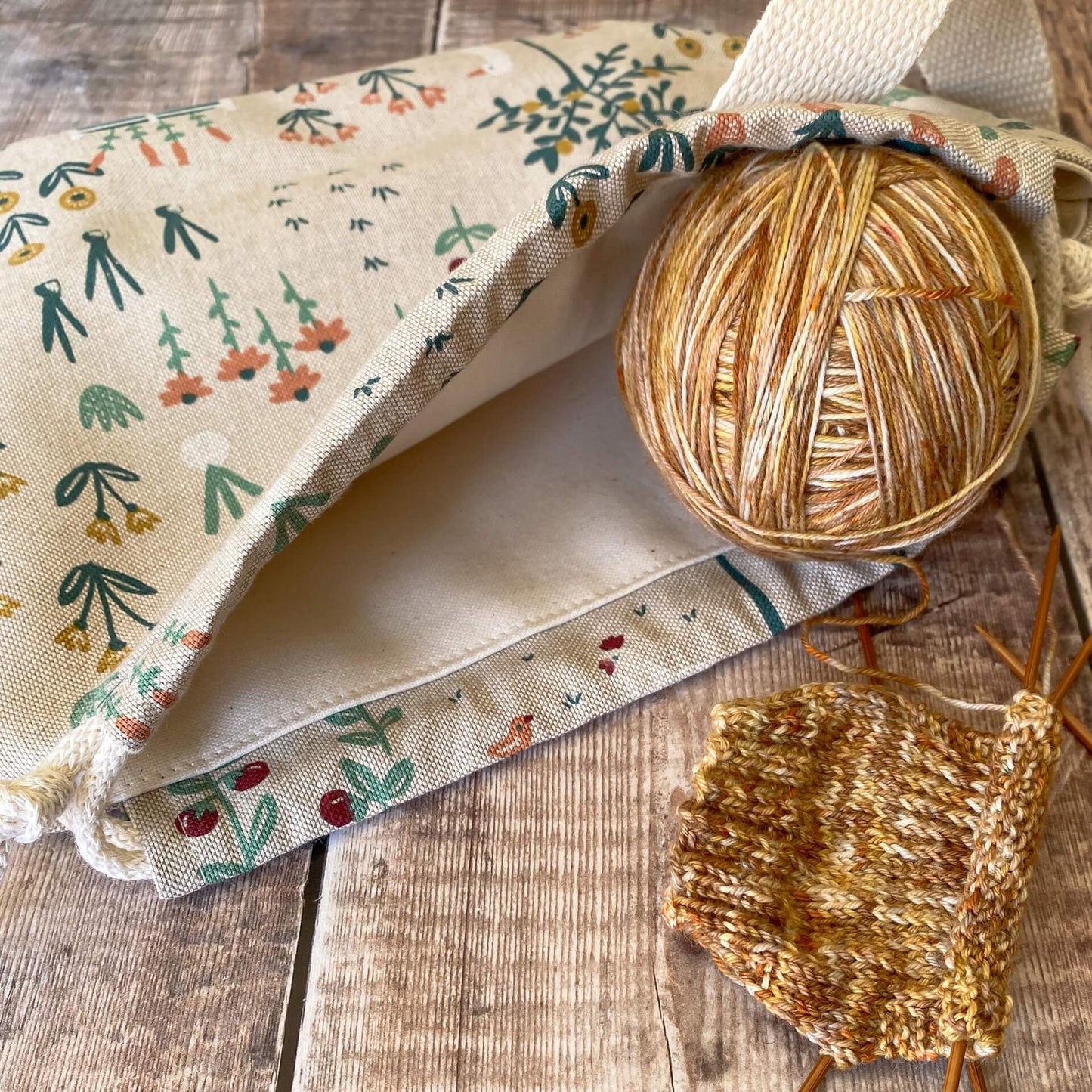 Small Drawstring Knitting Project Bag - Cottage Garden
