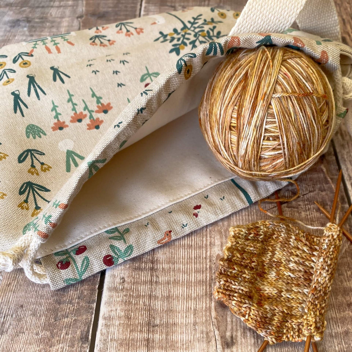 Everyday Drawstring Knitting Project Bag - Cottage Garden