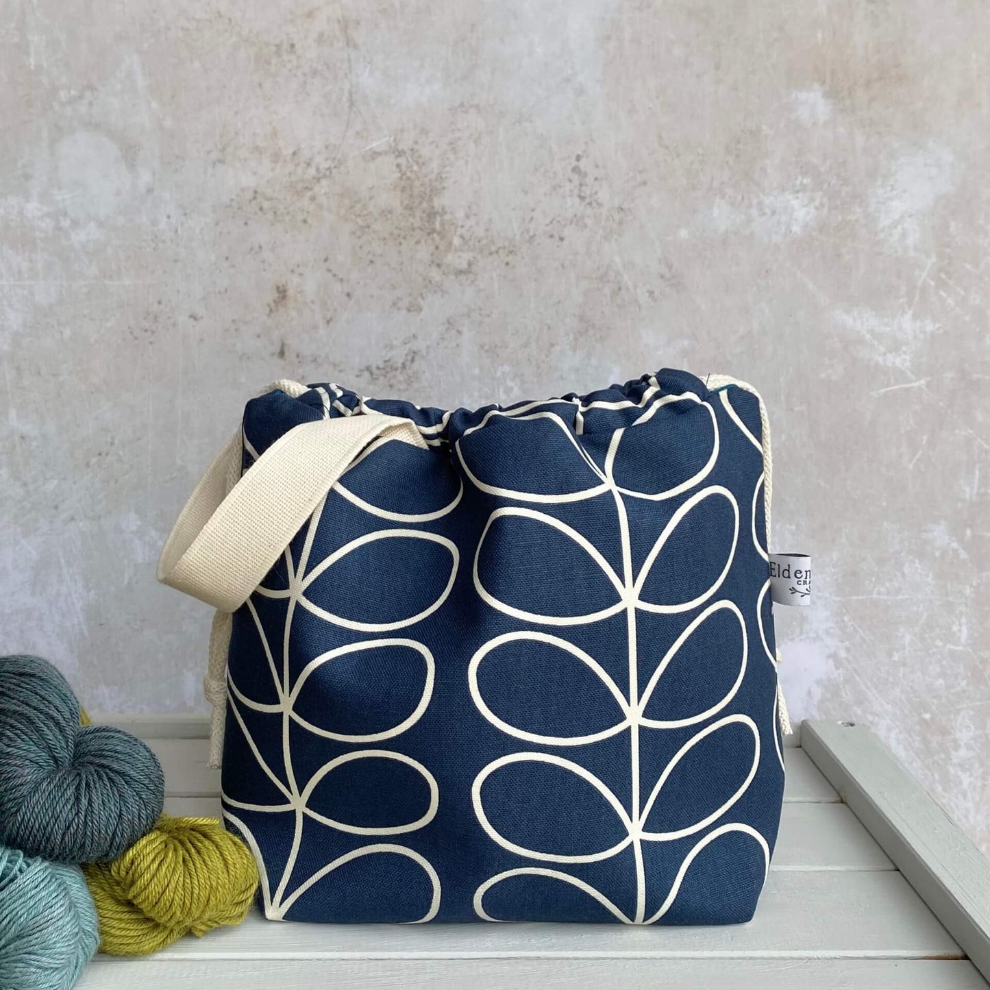 Navy linear stem Orla Kiely knitting project bag handmade by Eldewnwood Craft