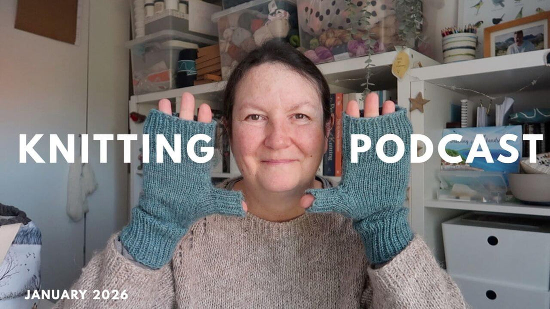 An introductory image for a Knitting Podcast showing a woman holding two gloved hands next to her head 
