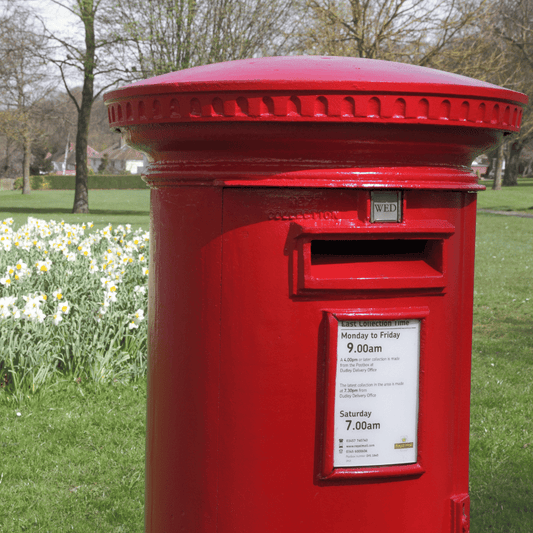 A red post box stands in front of a field of daffodils. 