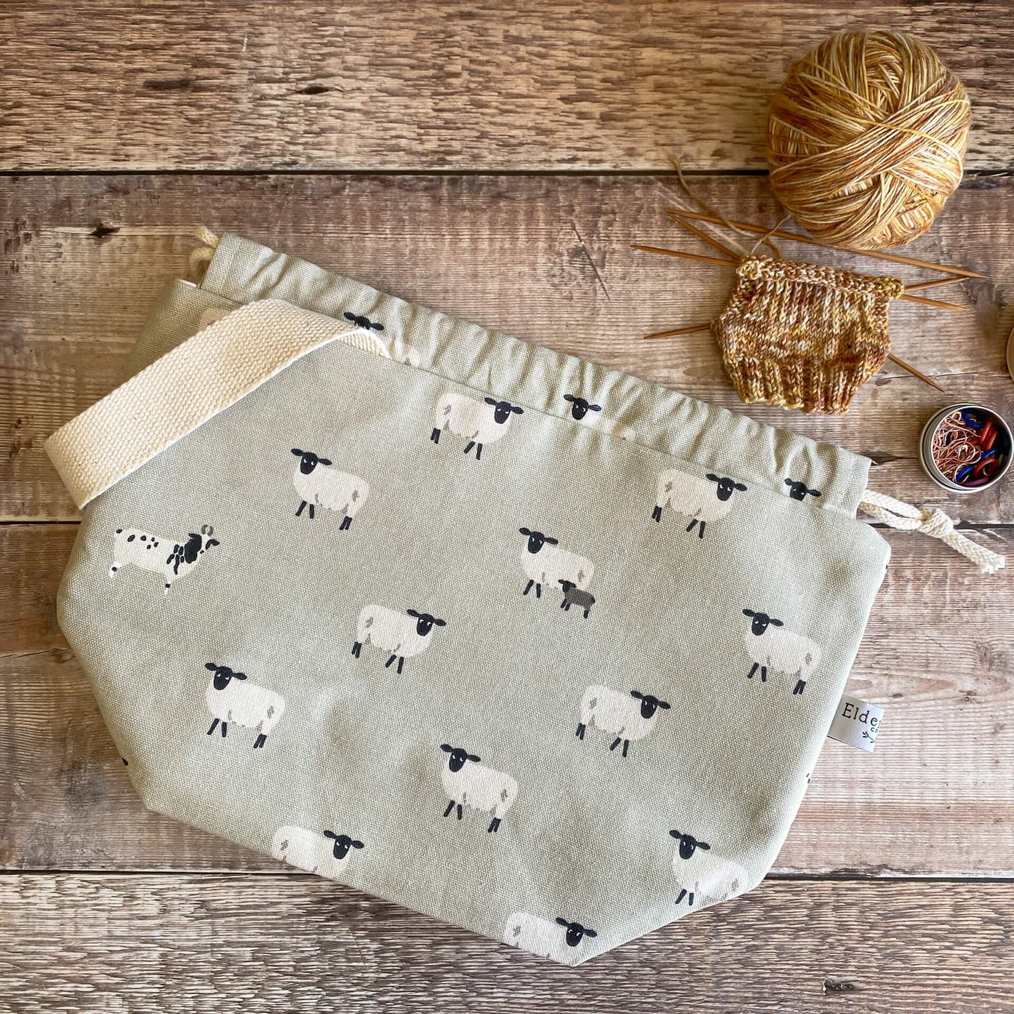 Midi Drawstring Knitting Project Bag - Flock of Sheep