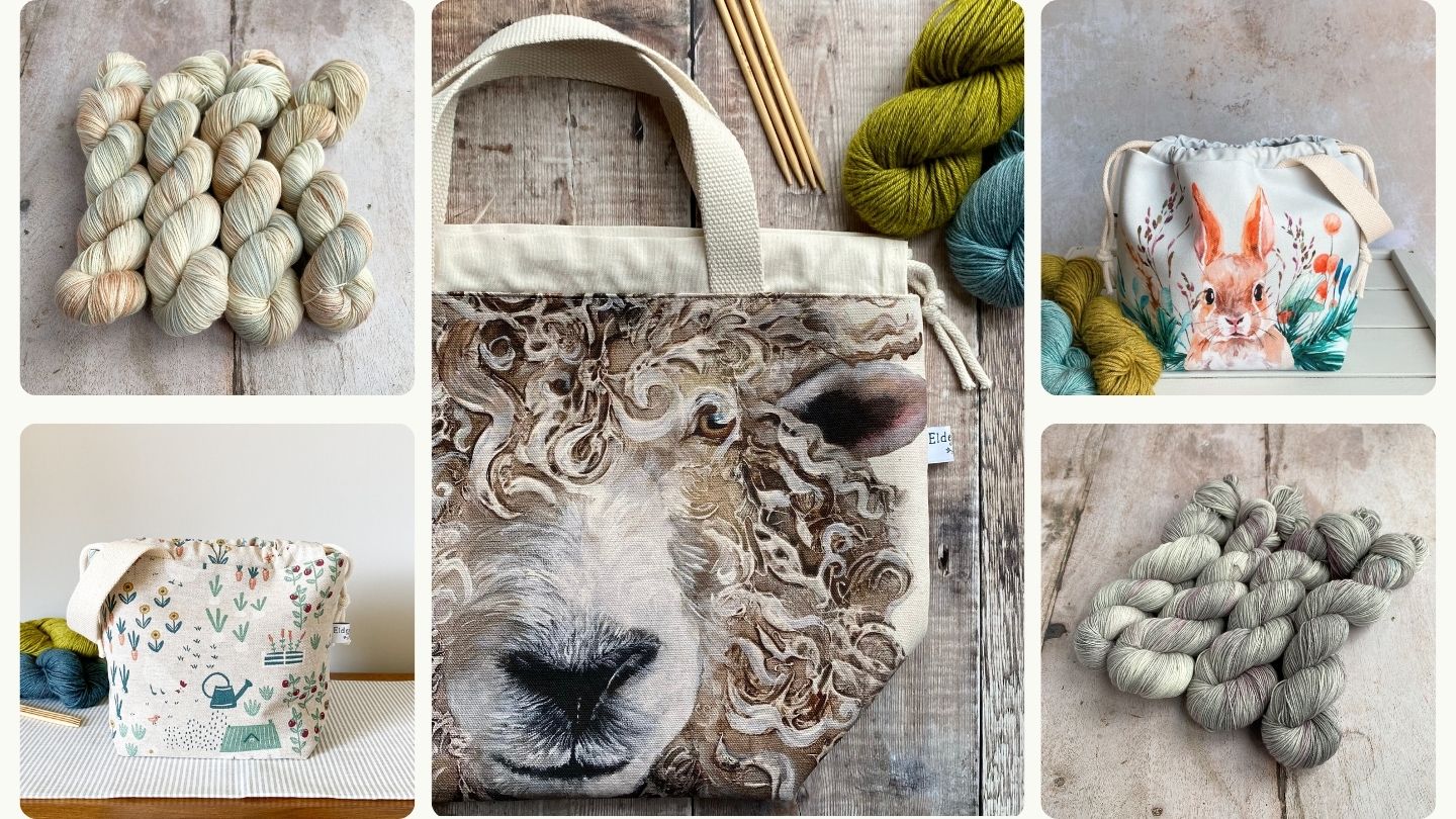 A collection of images showing handmade project bags and hand dyed yarn. These represent a selection of items created by Eldenwood Craft. 