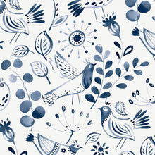 Load image into Gallery viewer, A vibrant indigo print of Scandi inspired folk art images.