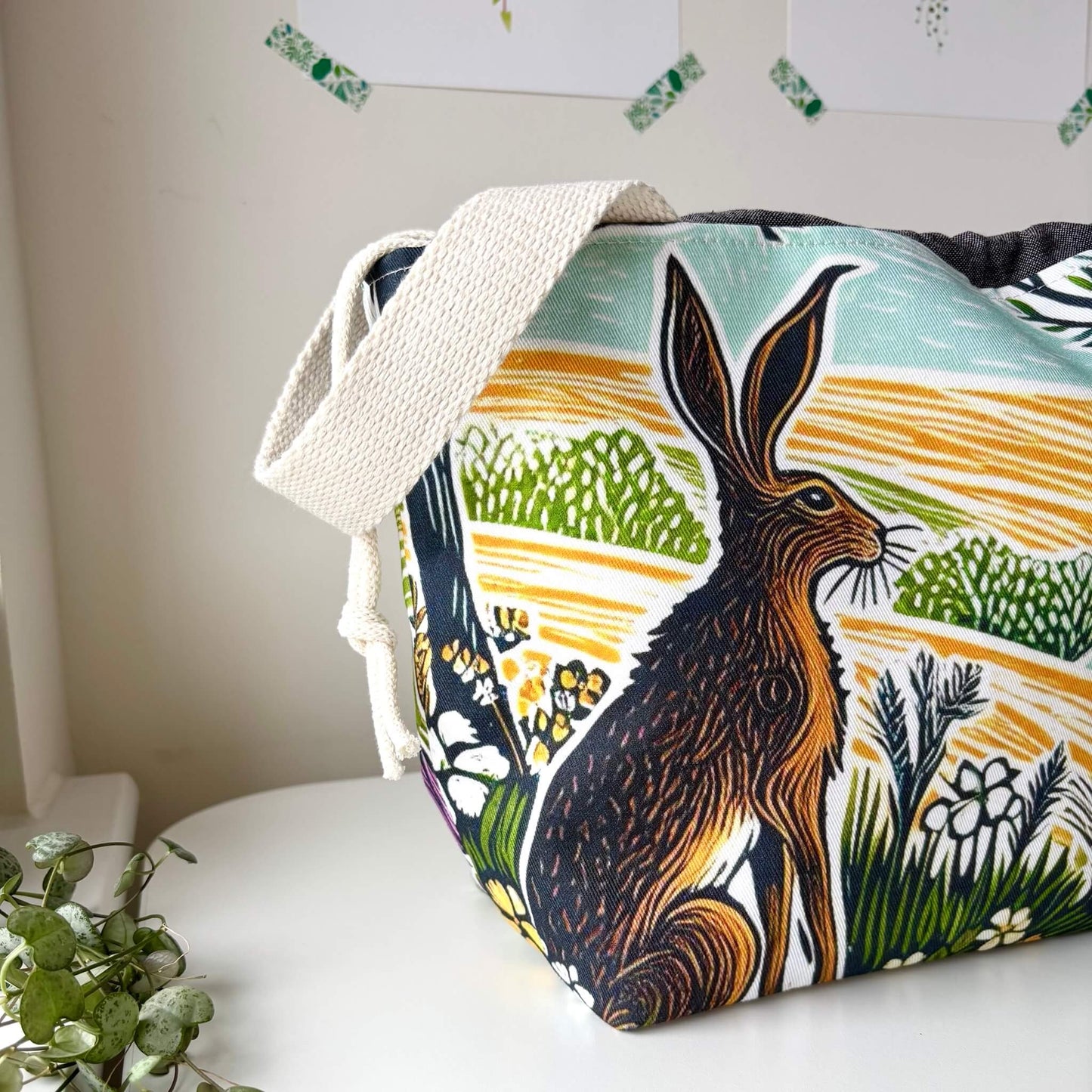Bag with a rabbit design on a white surface