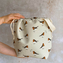 Load image into Gallery viewer, Handmade knitting project bag featuring a winter robin print, handmade by Eldenwood Craft