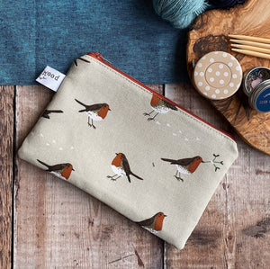 A knitting notions pouch in a little winter robin print
