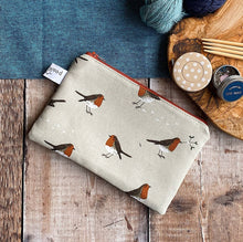 Load image into Gallery viewer, A knitting notions pouch in a little winter robin print