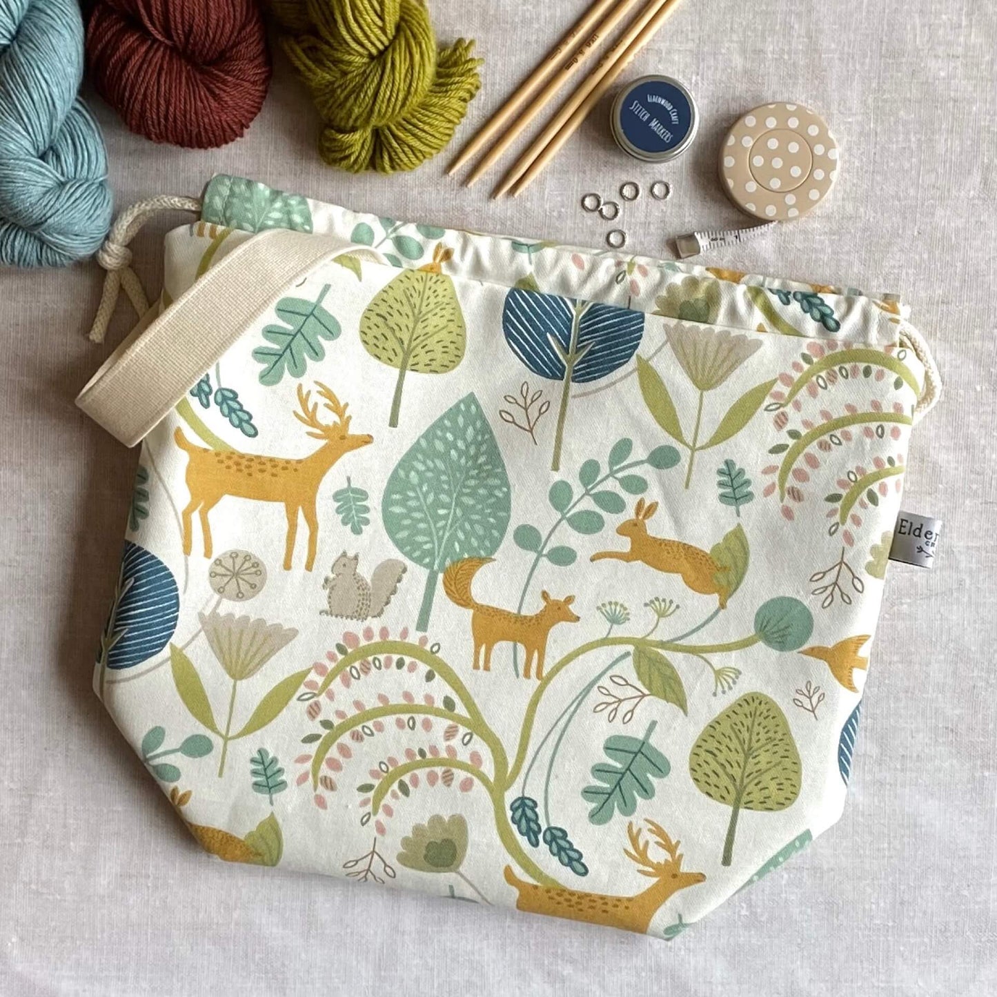 Woodland knitting project bag handmade by Eldewnwood Craft